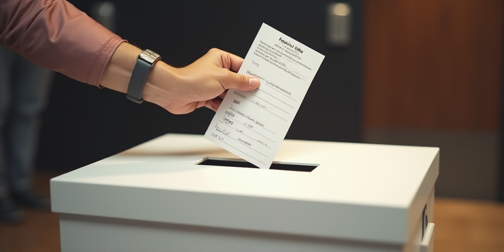 a person putting a voting paper into a box with a name tag on it and a name tag on the box, Federico