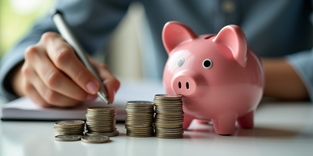 a person putting coins in a piggy bank and putting them in a stack of coins with a pen, Andries Stoc