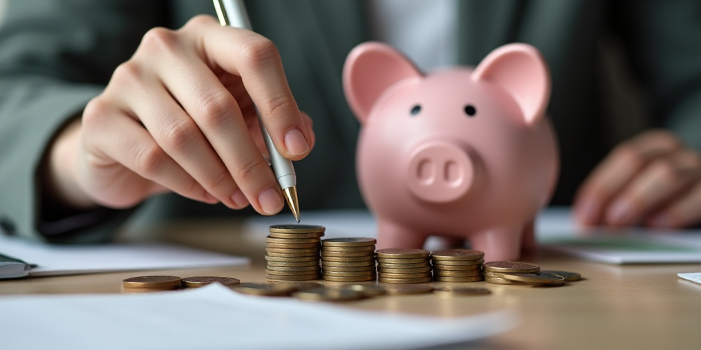 a person putting coins in a piggy bank and putting them in a stack of coins with a pen, Andries Stoc