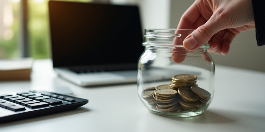 a person putting money in a jar on a table with a calculator and a laptop on the table, Andries Stoc