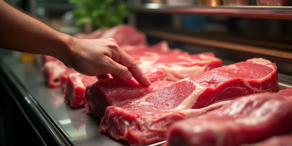 a person reaching for some meat in a display case at a store or restaurant, with other meats in the