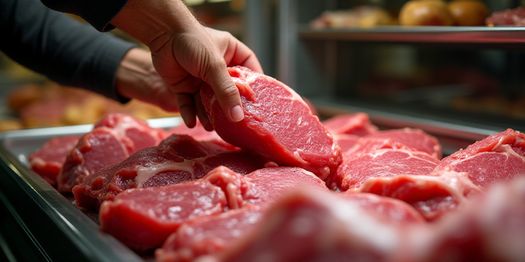 a person reaching for some meat in a display case at a store or restaurant, with other meats in the