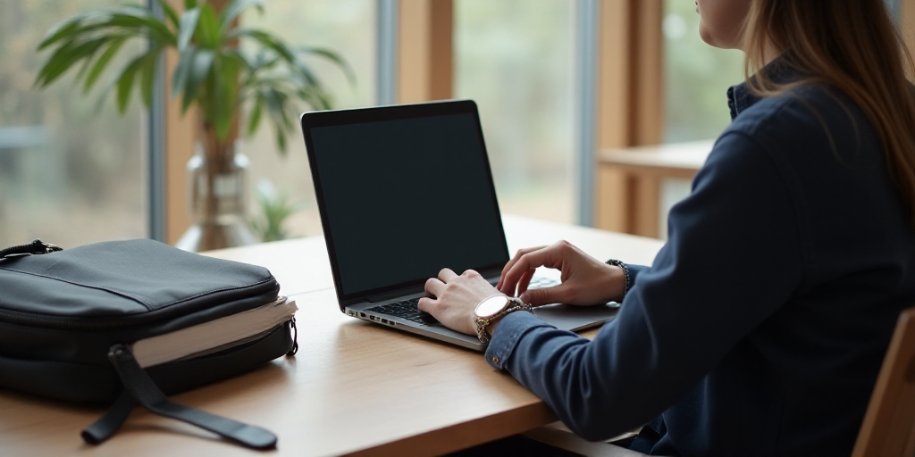 a person sitting at a table with a laptop and a book in front of them and a backpack on the table, A