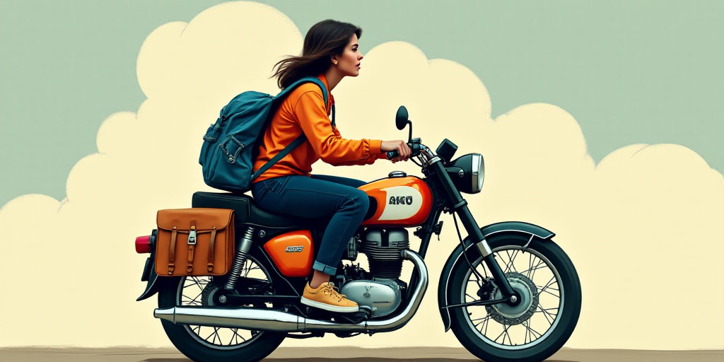 a person sitting on a motorcycle with a book and a backpack on it's back and a logo on the back of t