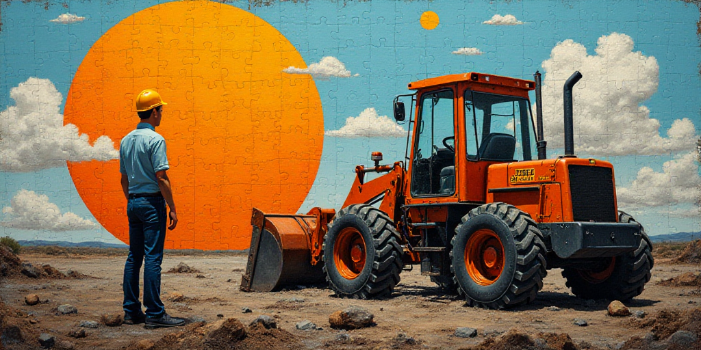a person standing next to a machine with a sun in the background and a sky background with clouds an