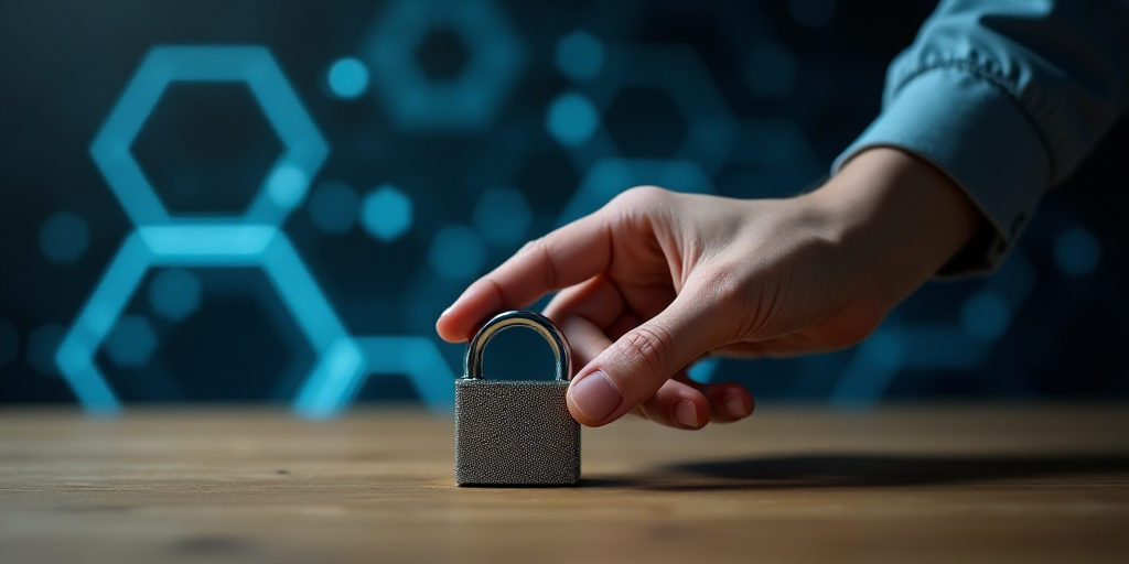a person touching a padlock on a wooden table with a digital interface in the background and a hexag