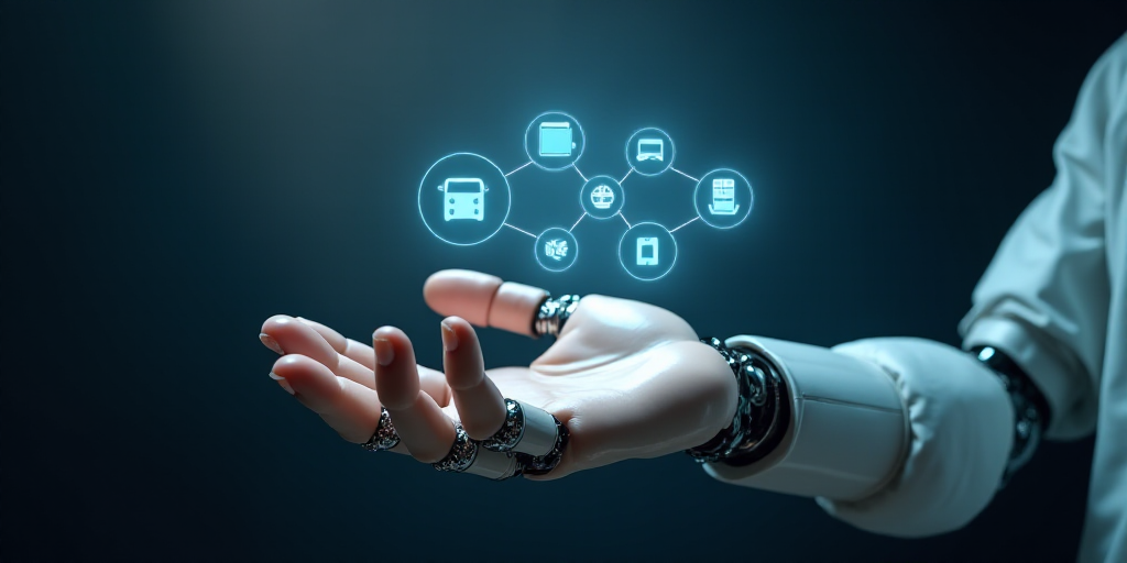 a person touching a robot hand with a touch screen on it's palm, with icons coming out of it, Ai-Mit