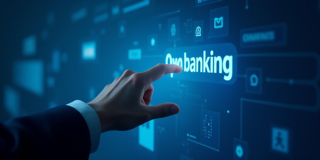 a person touching a screen with a hand on it that says open banking on it and a blue background, And