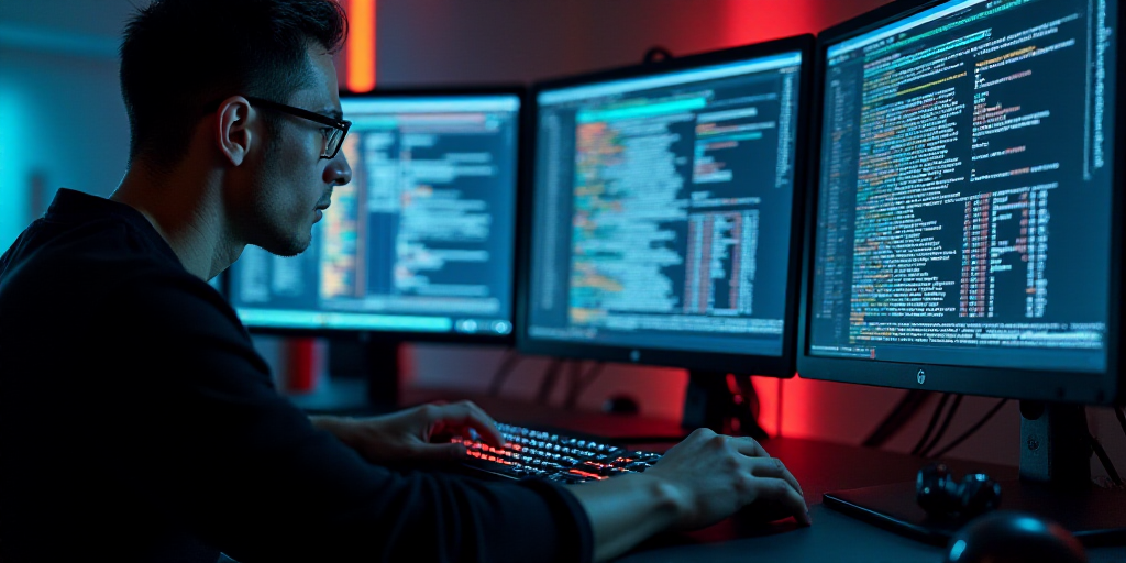 a person typing on a keyboard in front of two monitors with screens behind them that are displaying