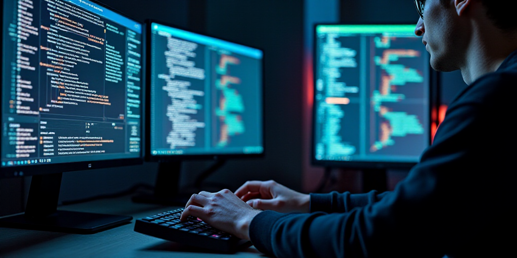 a person typing on a keyboard in front of two monitors with screens behind them that are displaying