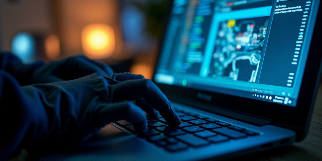 a person typing on a laptop keyboard with a glove on it's hand and a computer screen in the backgrou