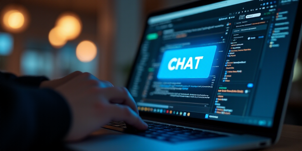 a person typing on a laptop with a chat button on the screen and a hand touching the keyboard of the