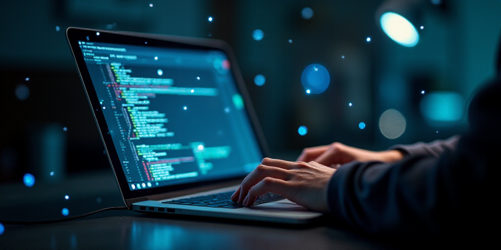 a person typing on a laptop with a blurry background of lights and snowflakes on the screen, Andries