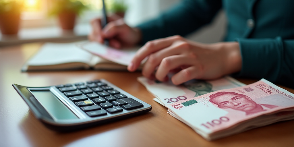 a person using a calculator to check out a bank note and a stack of money next to a calculator, Edi