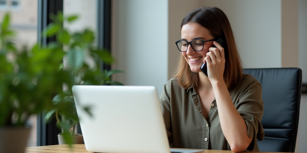 a person using a cell phone at a desk with a laptop and plant in front of them on a table, Claire Da