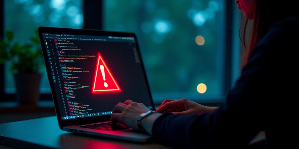 a person using a laptop with a red warning symbol on the screen and a red warning symbol on the scre