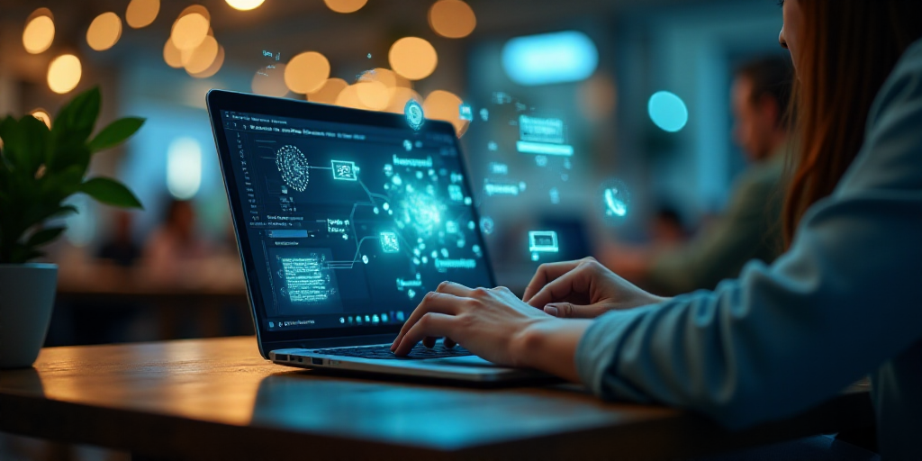 a person using a laptop with a lot of icons on it that are floating above them on a table, Evelyn Ab