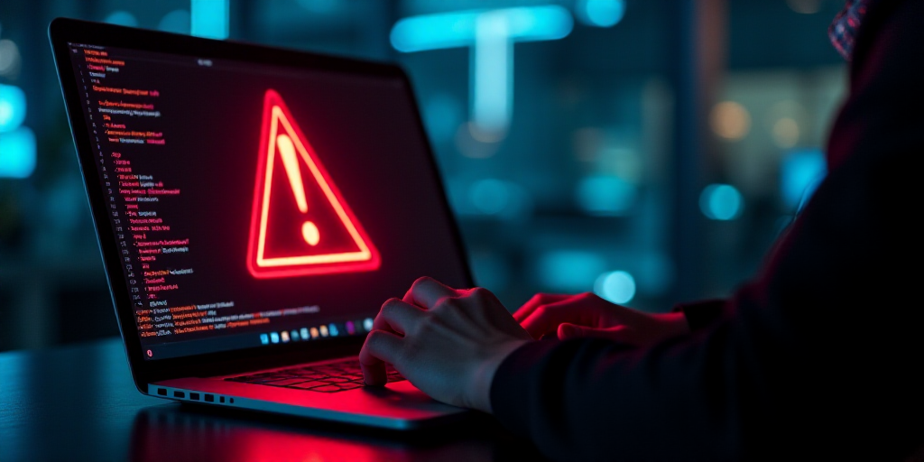 a person using a laptop with a red warning symbol on the screen and a red warning symbol on the scre