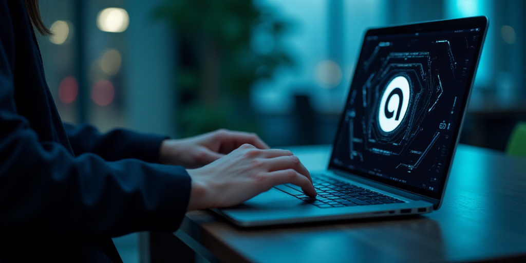 a person using a laptop with a logo on the screen and a hand touching the keyboard of the laptop, Ai