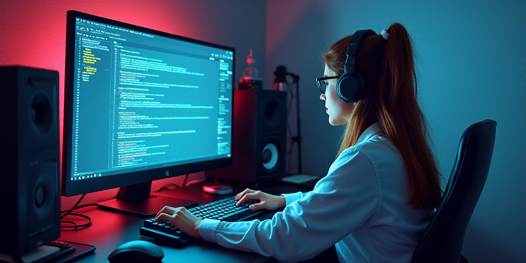 a person wearing headphones and using a computer keyboard with a headset on top of it, with a mouse