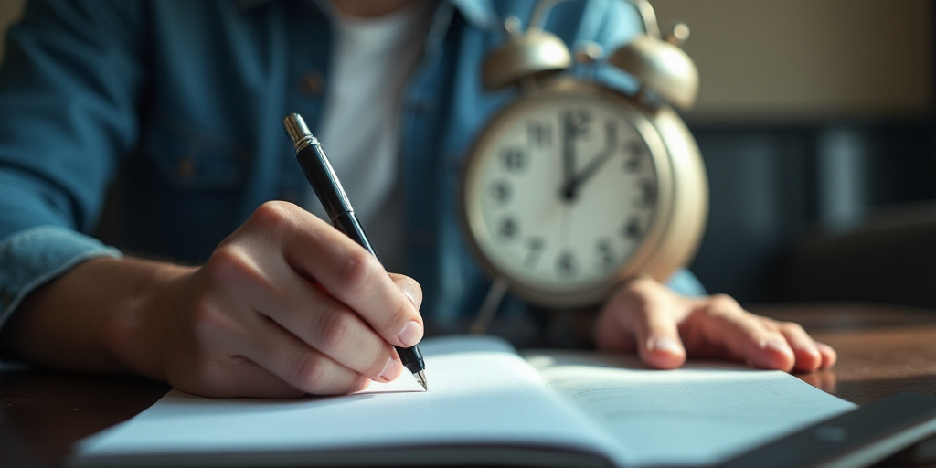 a person writing on a notebook in front of a clock with a pen and paper in front of them, Andries St