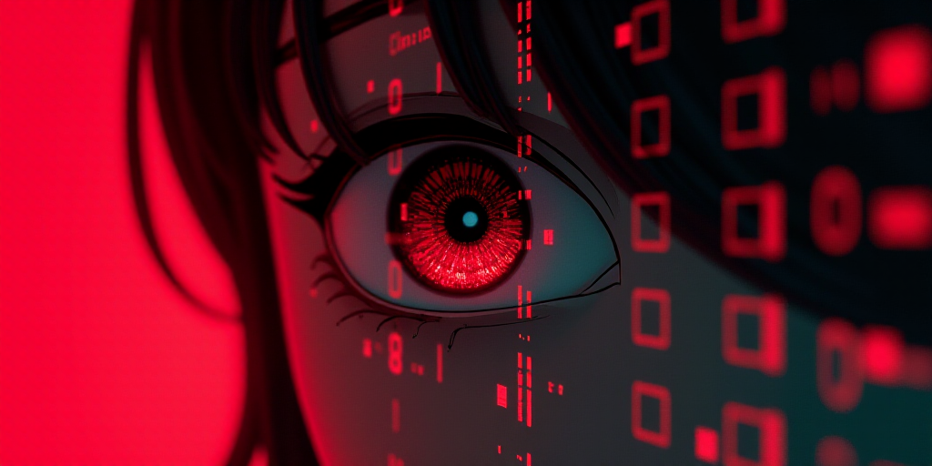 a person's eye is shown in front of a computer screen with numbers on it and a red background, Ai-Mi