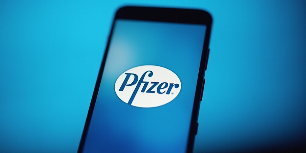 a phone with the logo of pfizer on it is shown in front of a blue and white background, Allaert van