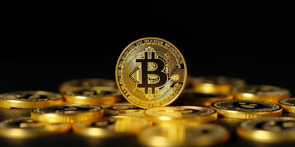 a pile of bitcoin coins sitting on top of a pile of other bitcoins in front of a black background, B