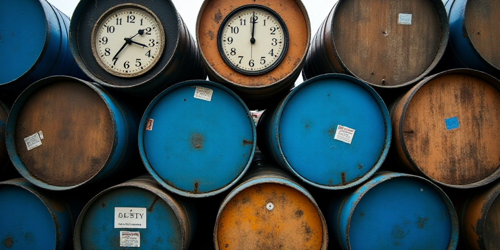 a pile of blue and brown barrels stacked on top of each other with a clock on the top of them, Andri