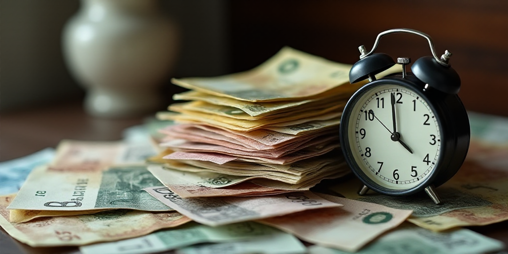 a pile of different currency sitting on top of each other on a table top with a clock on it, Aquirax
