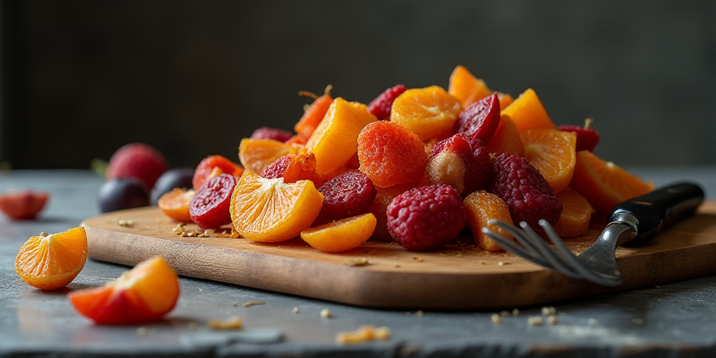 a pile of dried fruit sitting on top of a table next to a knife and fork on a cutting board, Boetius