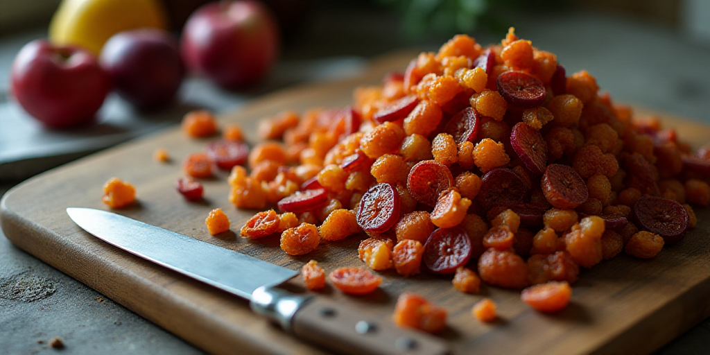 a pile of dried fruit sitting on top of a table next to a knife and fork on a cutting board, Boetius