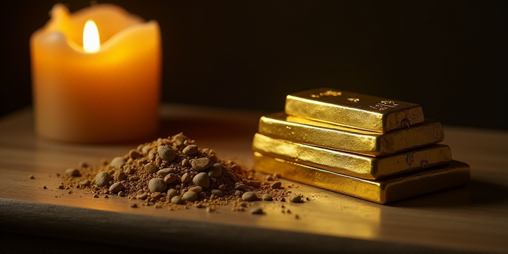 a pile of gold bars sitting next to a pile of rocks on a table with a lit candle in the background,
