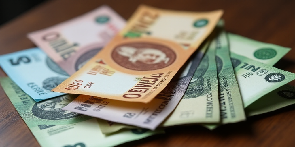 a pile of mexican currency sitting on top of each other on a table top with a lot of money, Aquirax