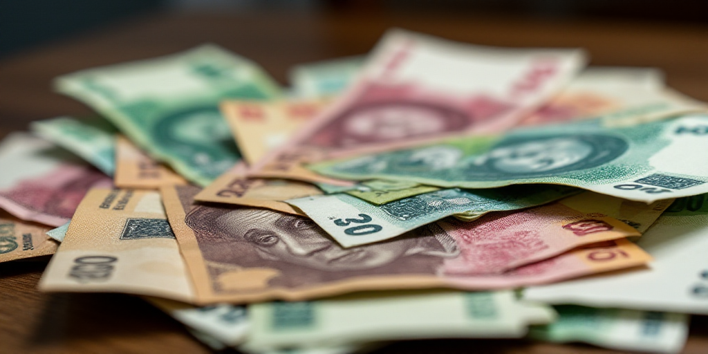 a pile of mexican currency sitting on top of each other on a table top with a lot of money, Aquirax