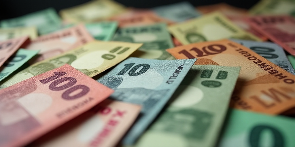 a pile of mexican currency with a lot of money in the background of the image is a pile of mexican c