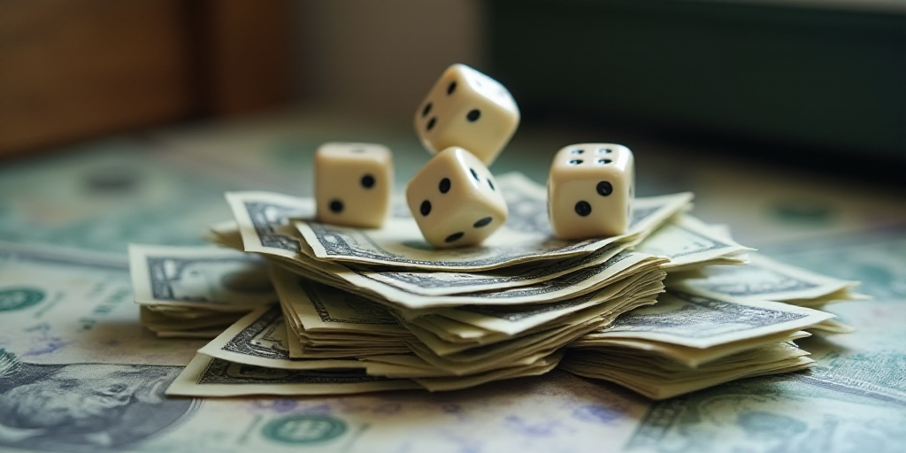 a pile of money sitting on top of a table next to a pile of dice and money notes on top of each othe