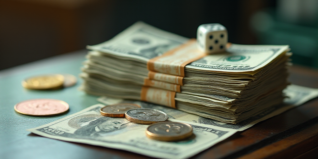 a pile of money sitting on top of a table next to a pile of dice and money notes on top of each othe