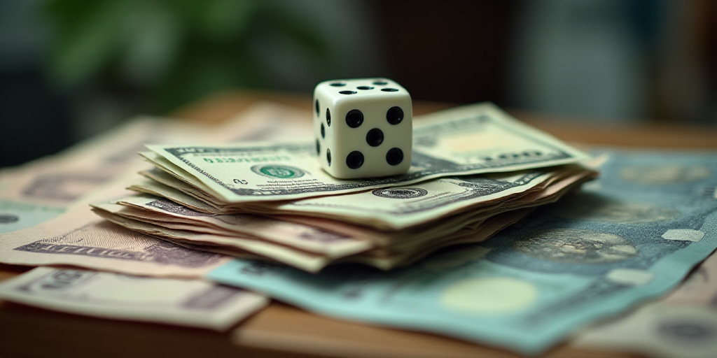 a pile of money sitting on top of a table next to a pile of dice and money notes on top of each othe