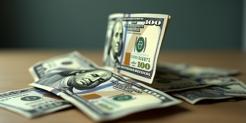 a pile of money with a hundred dollar bill in the background with a hundred dollar bill sticking out