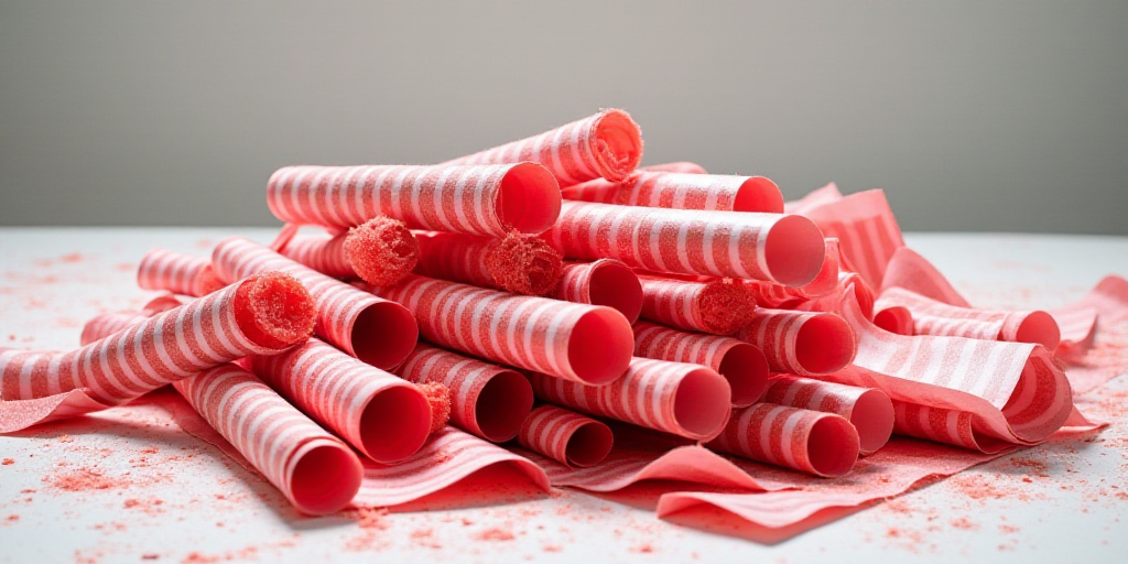 a pile of pennets and rolls of red and white paper on a table with red and white striped paper, Corn