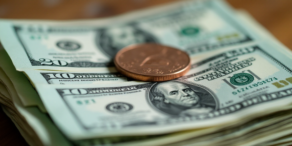 a pile of twenty dollar bills with a penny on top of it and a coin on the bottom of the bills, Avgus
