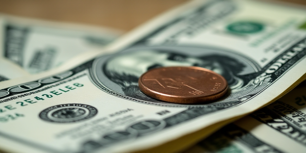 a pile of twenty dollar bills with a penny on top of it and a coin on the bottom of the bills, Avgus
