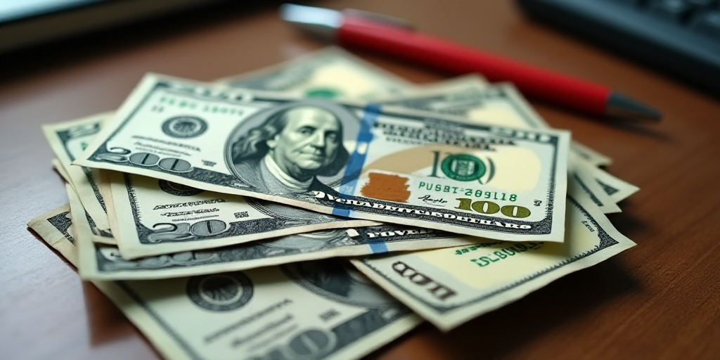 a pile of twenty dollar bills sitting on top of each other on a table top with a red pen, Benjamin F