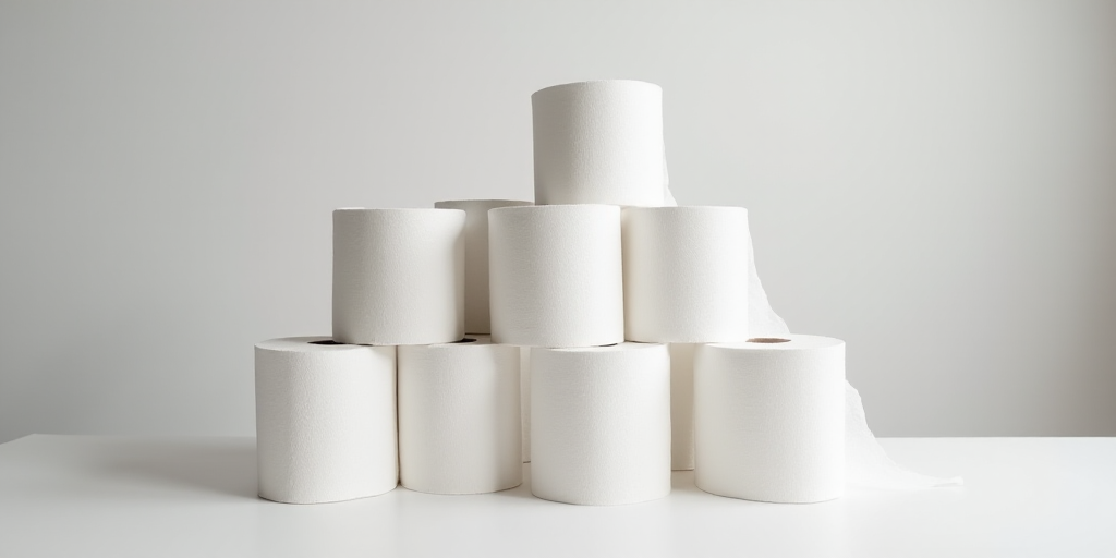 a pile of white toilet paper sitting on top of each other on a table next to each other on a table,