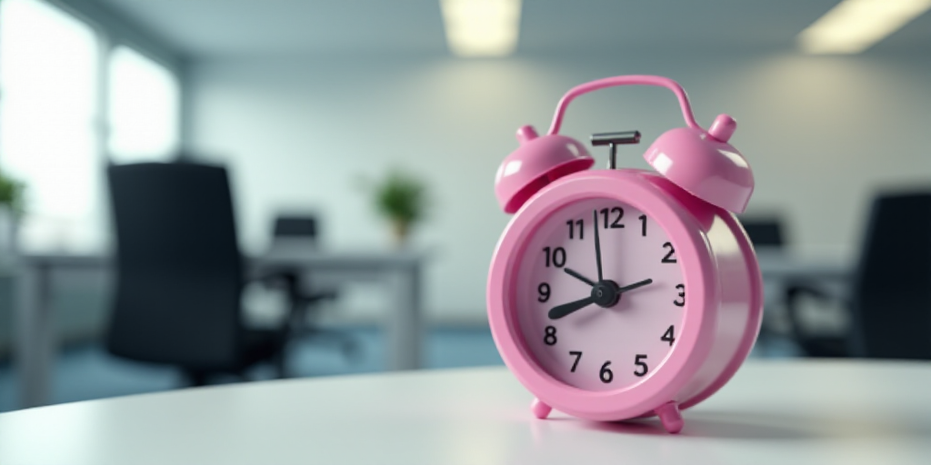 a pink alarm clock sitting on top of a table in an office building with desk chairs and desks, Évar