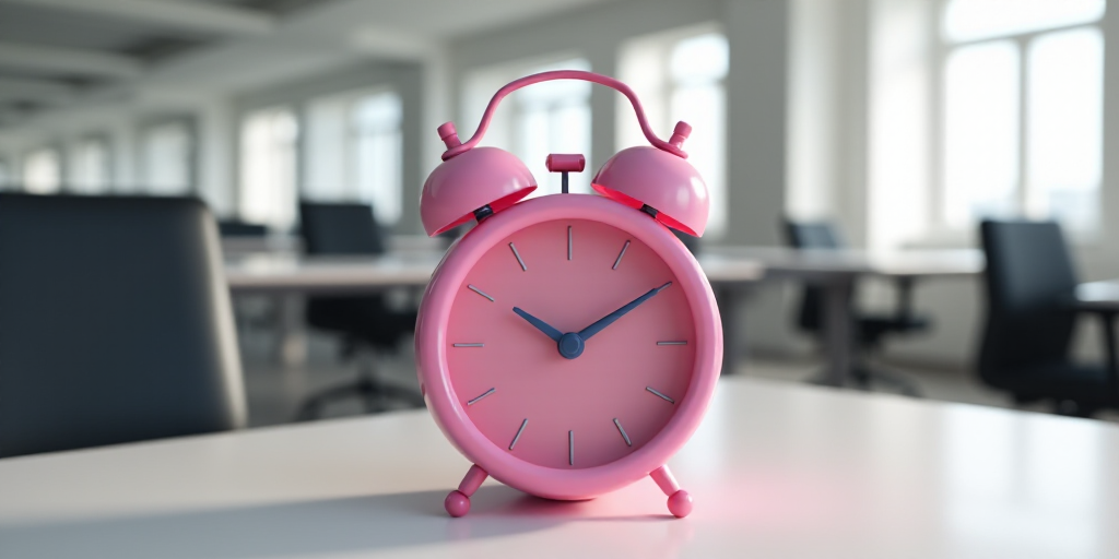 a pink alarm clock sitting on top of a table in an office building with desk chairs and desks, Évar
