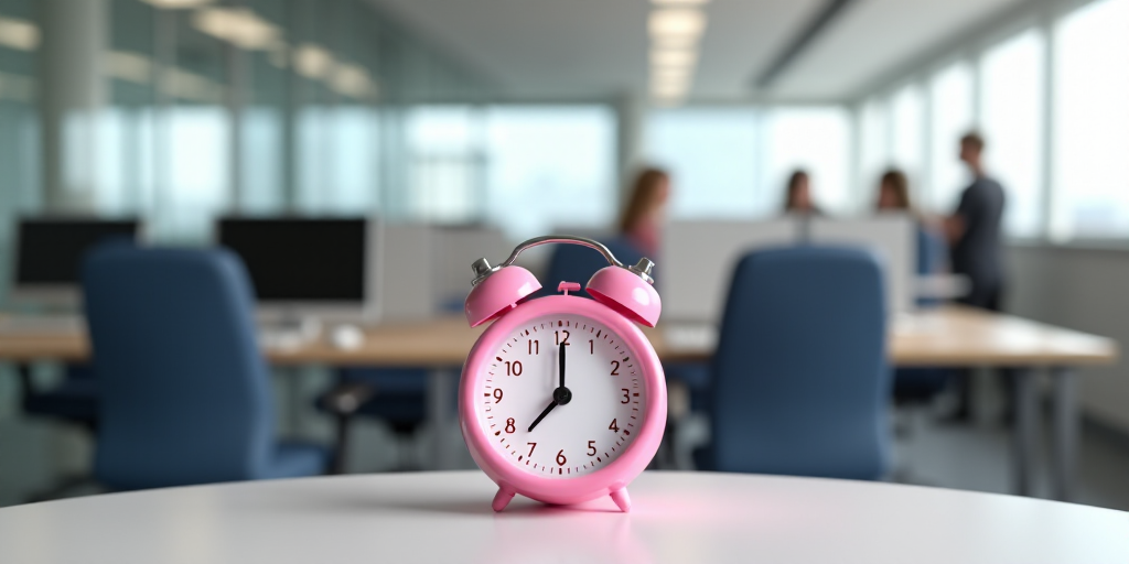 a pink alarm clock sitting on top of a table in an office building with desk chairs and desks, Évar