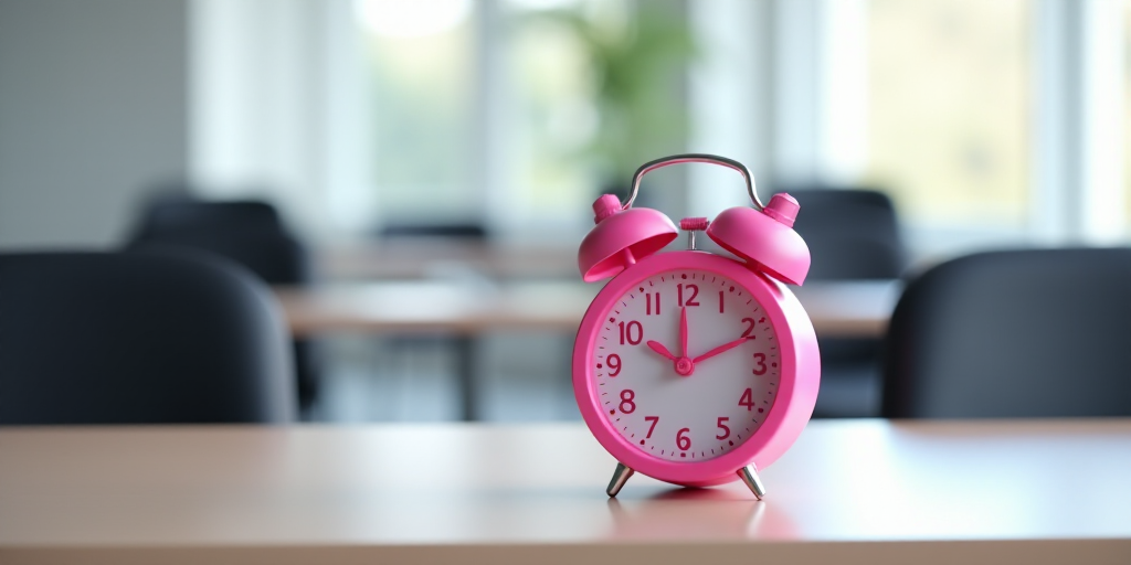 a pink alarm clock sitting on top of a table in an office building with desk chairs and desks, Évar