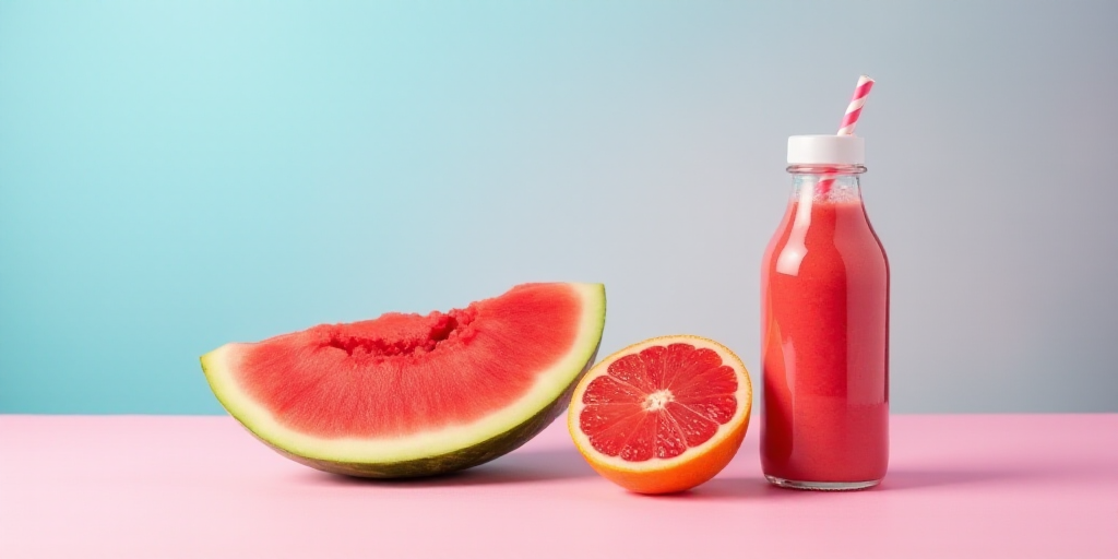 a pink and blue background with a watermelon and a grapefruit smoothie in a bottle, Évariste Vital